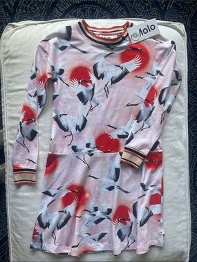 NWT MOLO Girls Dress Size 9-10 (134-140 Pink & Red Sun & Crane Print